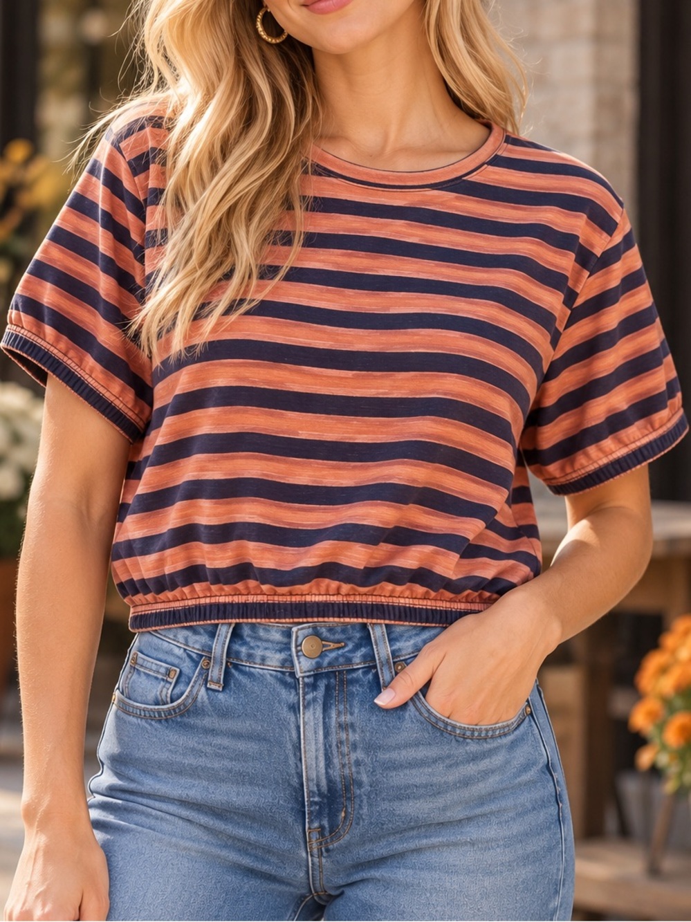 Pact Sz L Organic Cotton Retro Striped Cropped Tee Top Navy Rust Relaxed
